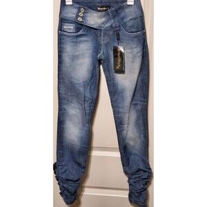 BrazilRoxx Embellished Embroidered Ruched Jeans BR 36/US 00 Blue - NEW With Tags
